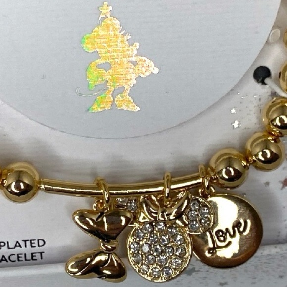 Disney Minnie Mouse Love Charm Bracelet Gold Beaded Fine Silver Plated Stretchy - Picture 3 of 3